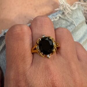 Vintage Gold Tone Oval Black Onyx Glass Ring with Rhinestone Accents